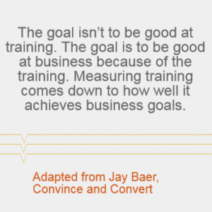 "The goal isn't to be good at training. The goal is to be good at business because of the training. Measuring training comes down to how well it achieves business goals." Adapted from Jay Baer, Convince and Convert