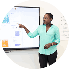 Features a professional woman giving a presentation